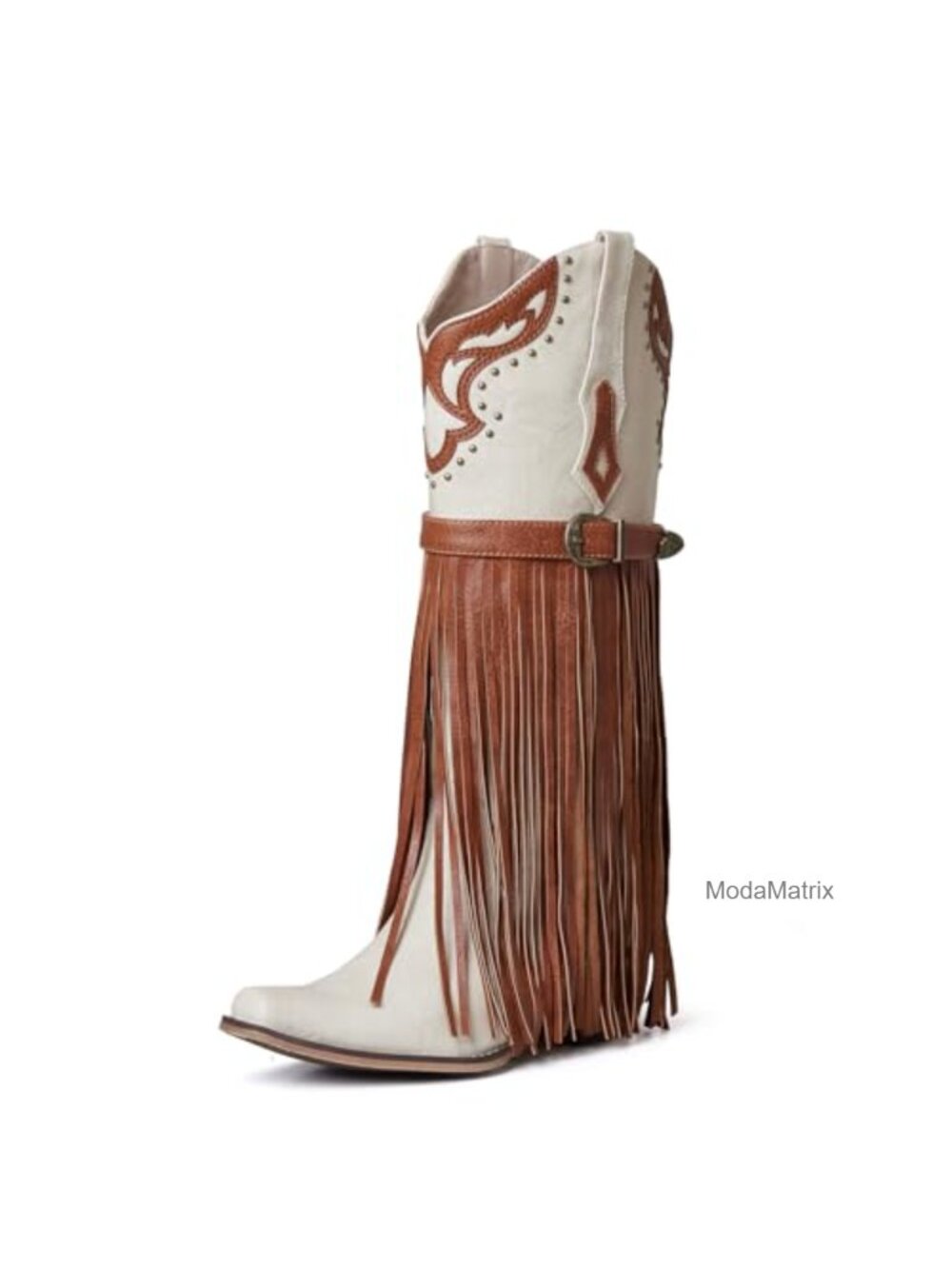 Western Pointed Toe Chunky Heel Embroidered Fringe Pull-On Knee High Boots